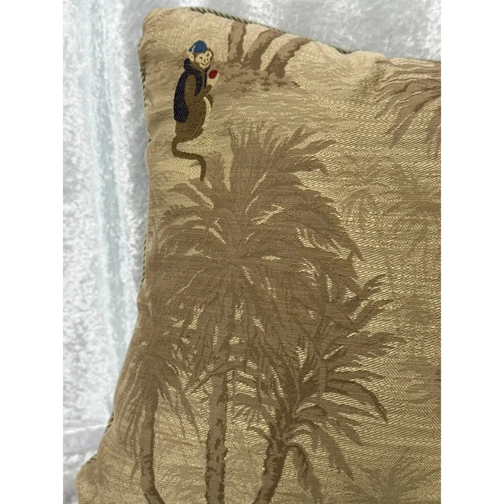 Tropical Monkey Tapestry Throw Pillow Tan Palm Tree Safari Decor Trimmed 18 x 14